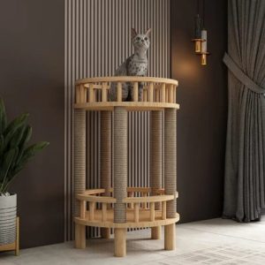 Arbre à chat bois avec maisonnette, litière ou double balcon rond